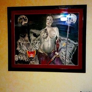 A painting. It's a white tiger defending his mother.. local artist. 3 by 3. With